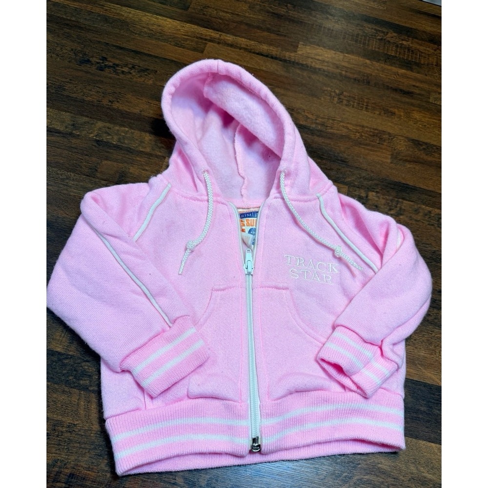 Vintage pink hooded zip up track jacket infant size 12 months.  "track star"